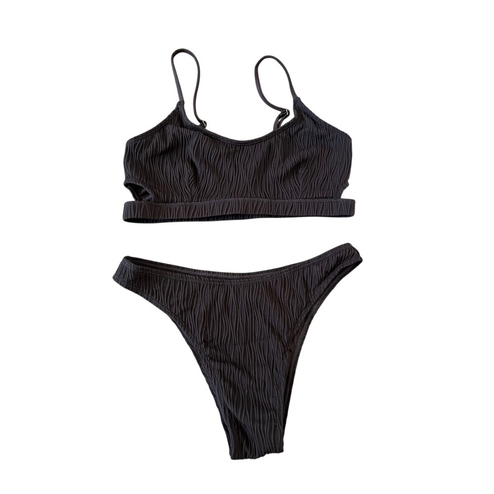 Zaful Brown Crinkle Textured Bikini Set Cut Out Top High Leg Bottoms Size M 6